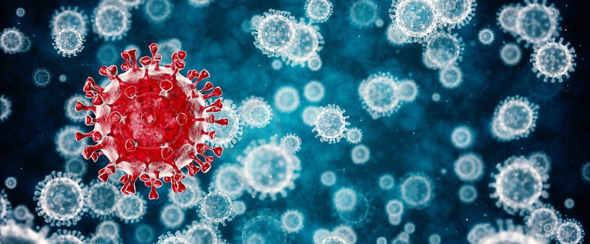 Coronavirus danger and public health risk disease and flu outbreak or coronaviruses influenza as dangerous viral strain case as a pandemic medical concept with dangerous cells as a 3D render.